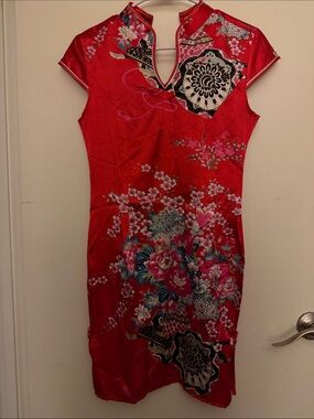 Red Floral Satin Midi Cheongsam-Inspired Dress